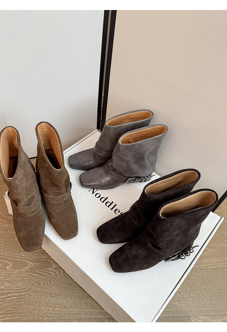 Karin Luna Data Hot Item Square Toe Hidden Wedge Belt Buckle Suede Ankle Boots