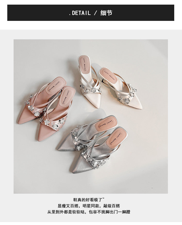 Karin Luna Bestseller Sequin Elements Elegant Pointed Toe Irregular Heel Slippers