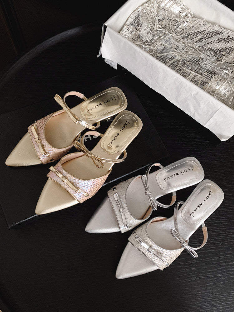 Karin Luna Fish Skin Series~Pointed Toe Irregular Heel Bowknot Strap Slippers