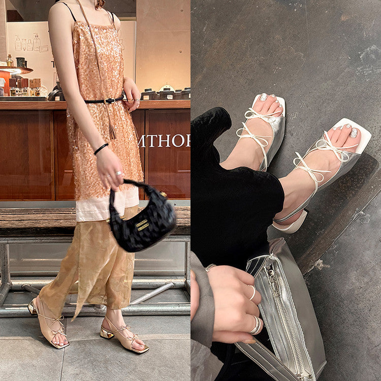 Karin Luna In Stock Spot Goods Square Toe Double Bow Thick Heel Sandals