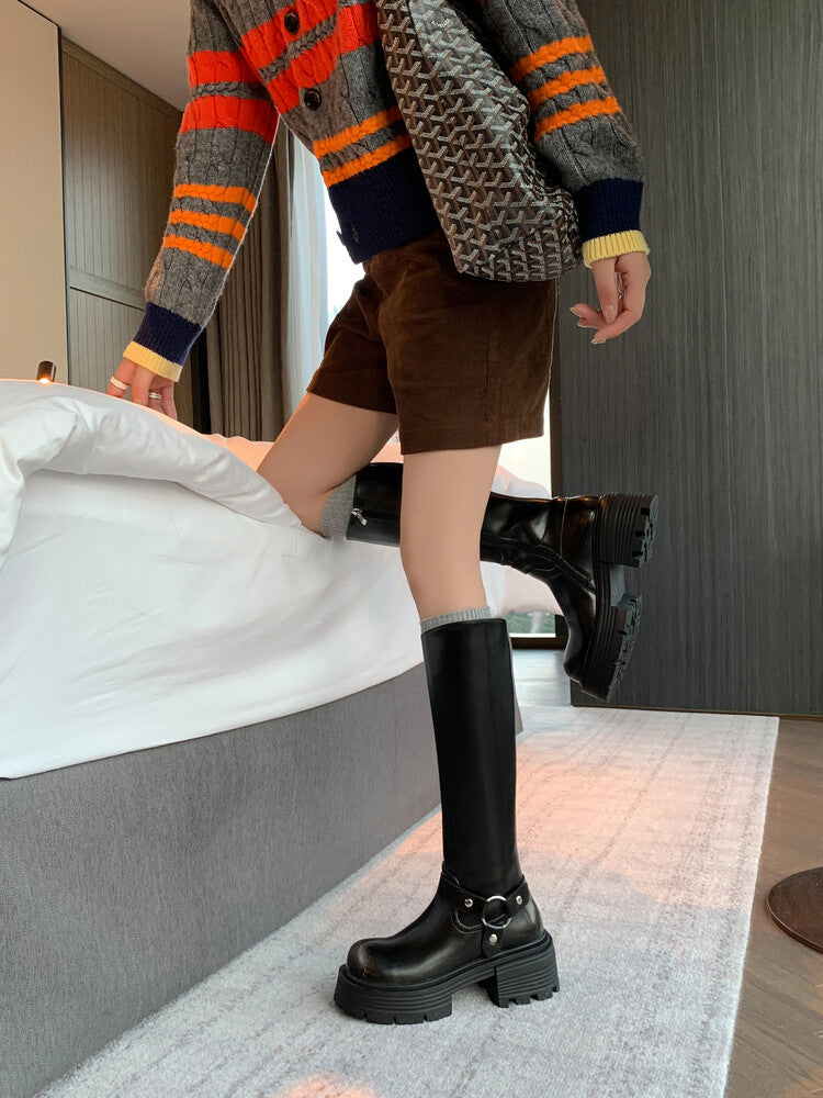 Karin Luna In Stock In Stock Slimming Diagonal Cut Tube Top  Best-selling in stock Retro Metal Buckle Thick-Soled Long Boots