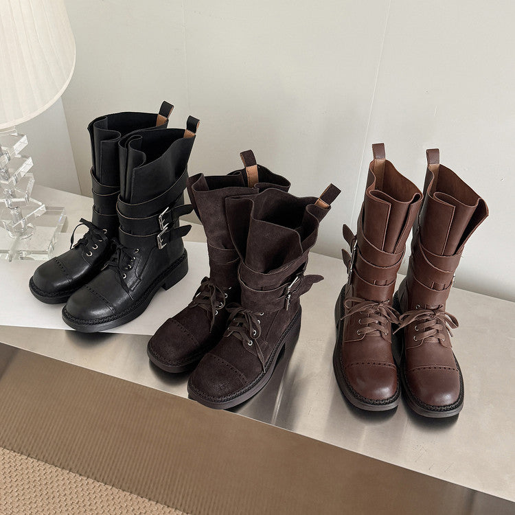 Karin Luna Bestseller Hot-Selling Large Tube Leather Belt Buckle Round Toe Thick-Soled Short Boots