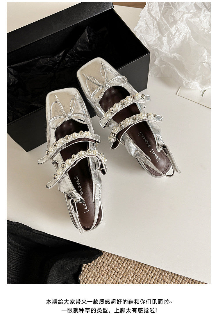 Karin Luna In Stock In Stock  Square Toe Bowknot Pearl Strap Closed-Toe Sandals