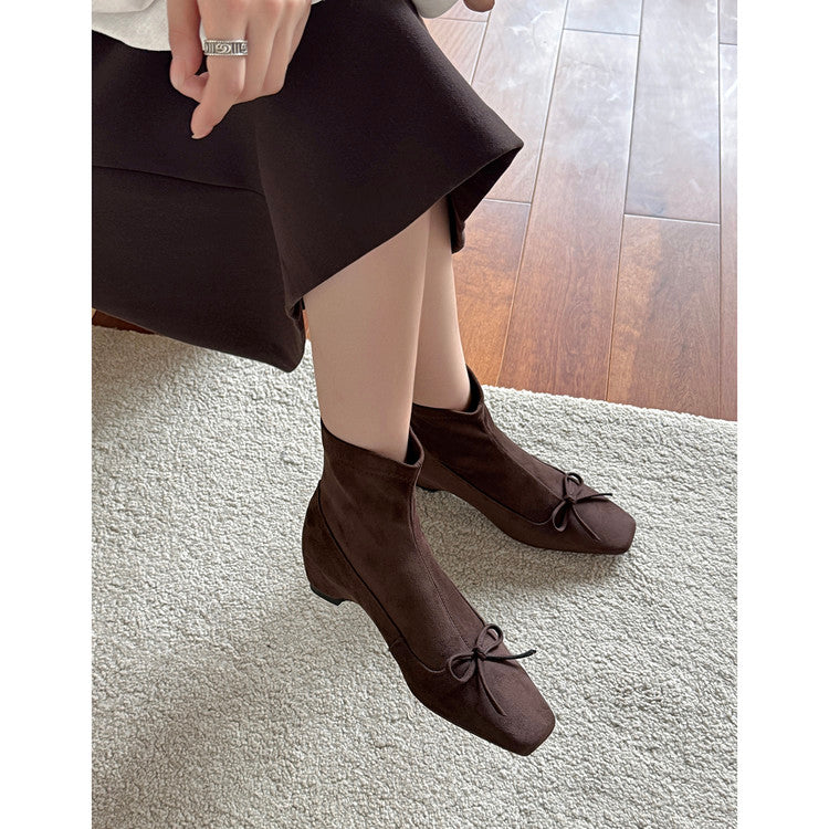 Karin Luna French Style Square Toe Bowknot Hidden Wedge Slim Boots