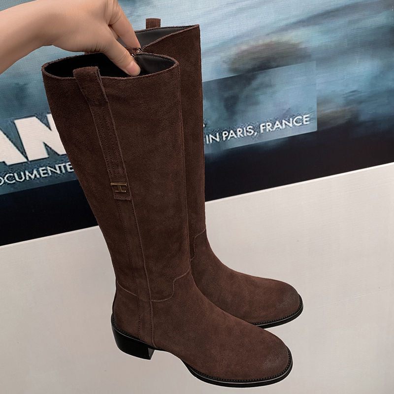 Karin Luna In Stock Spot Goods Basic Retro Square Toe Chunky Heel Riding Boots