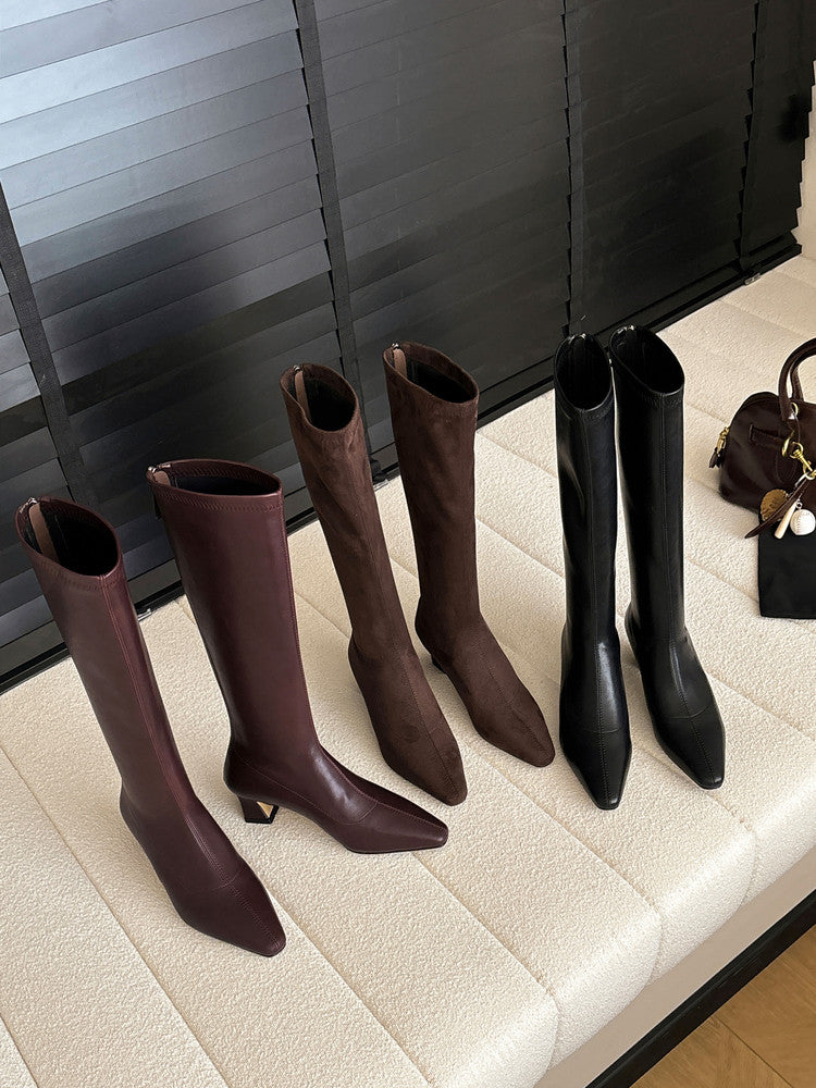 Karin Luna In Stock In Stock  Square Toe Chunky Heel Korean Style Elegant Long Boots