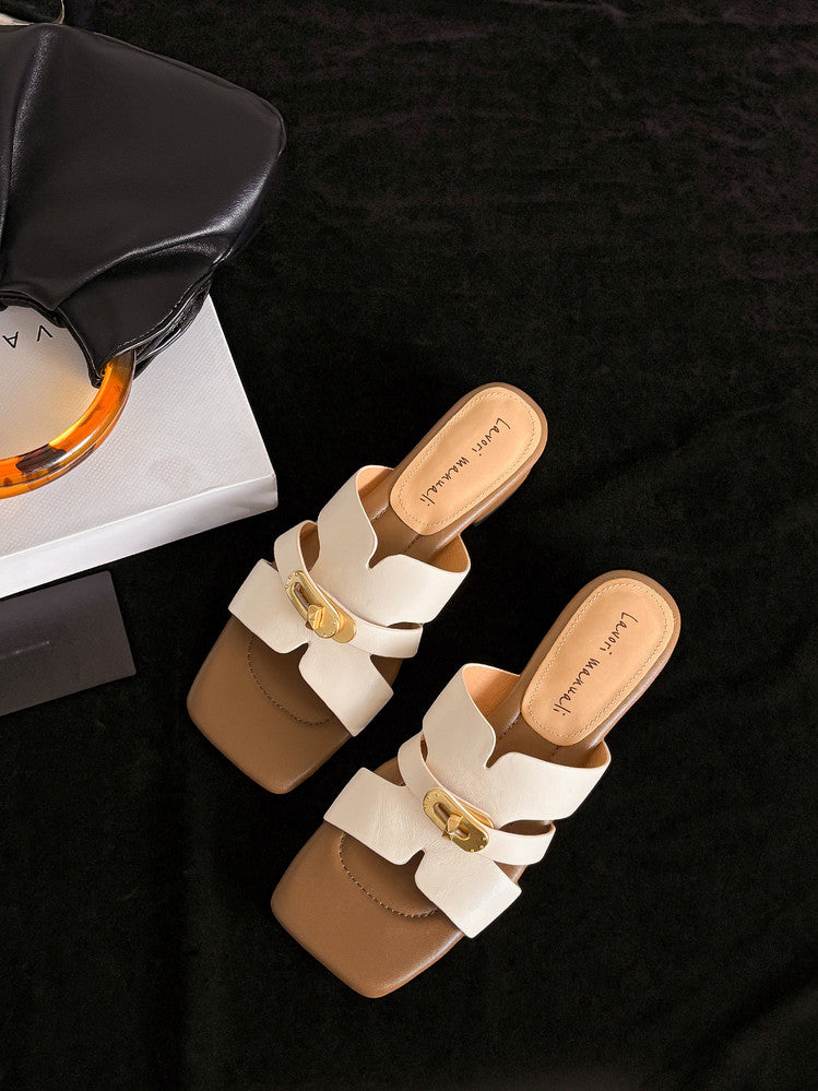 Karin Luna Comfortable Gold Buckle Square Toe Chunky Heel Casual Style Slippers