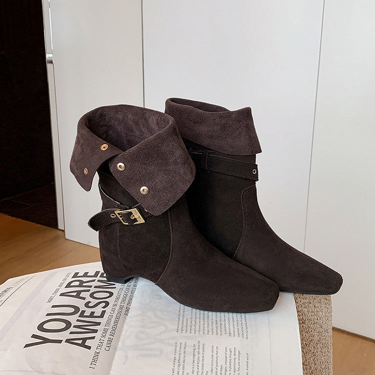 Karin Luna Foldable Belt Buckle Square Toe Hidden Wedge Short Boots