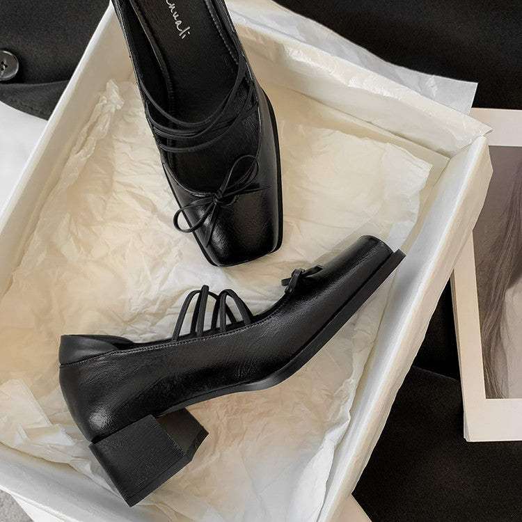 Karin Luna In Stock Spot Goods  Popular Self-flowing Bowknot Square Toe Chunky Heel Single Shoes