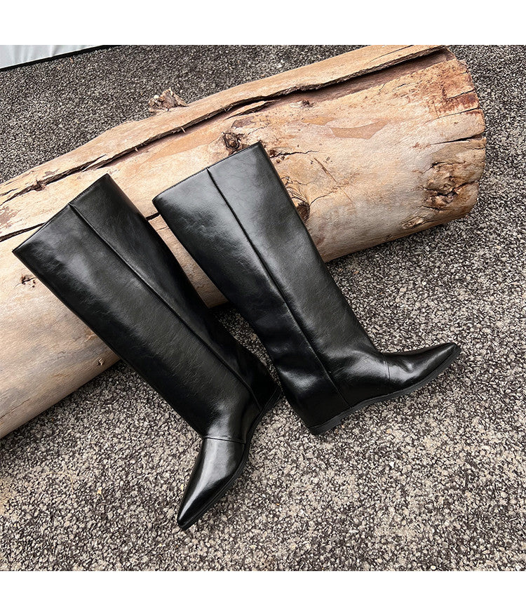 Karin Luna Elegant Style Pointed Toe Internal Height Increase Slip-On Long Boots