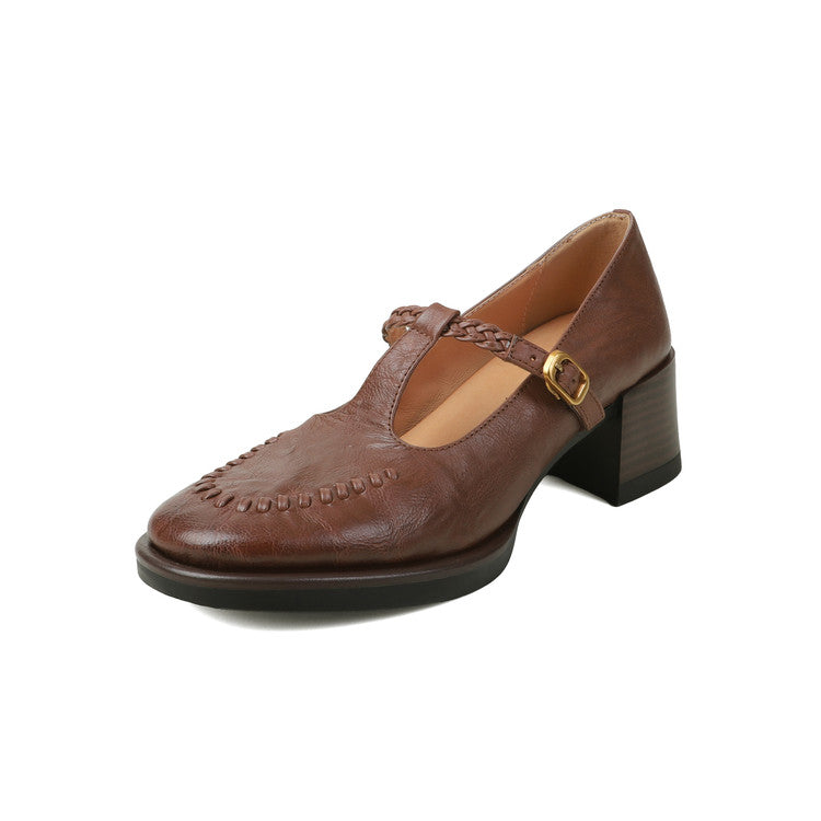 Karin Luna In Stock Spot Goods Vintage Braided Twist High Heels T Round Toe Thick Sole Single Shoes