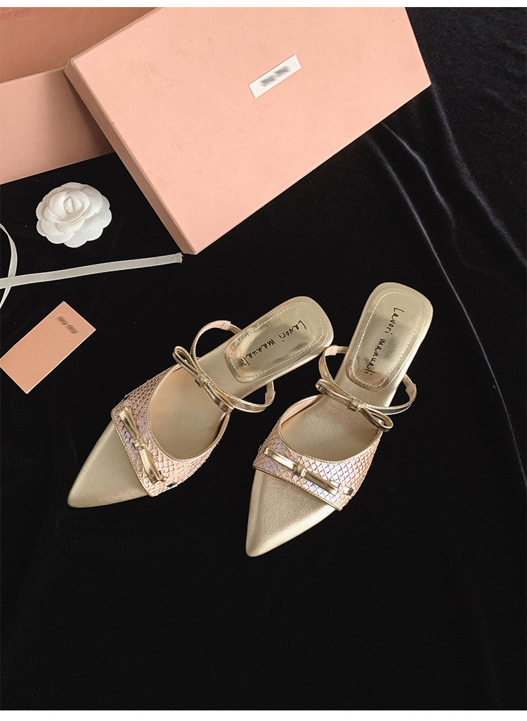Karin Luna Fish Skin Series~Pointed Toe Irregular Heel Bowknot Strap Slippers