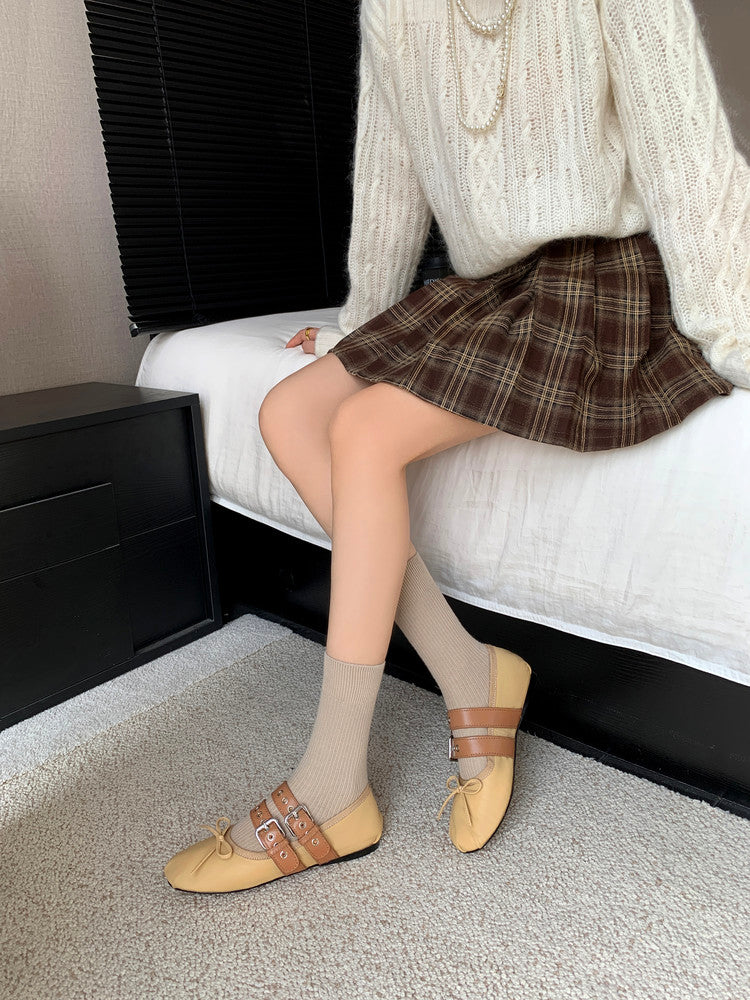 Karin Luna In Stock Spot Goods Minimalist Retro Round Toe Mary Jane Bowknot Height-Increasing Flats