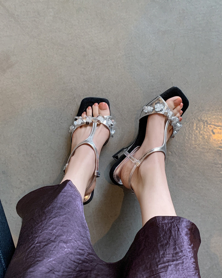 Karin Luna Hot-Selling Sequin Floral Series ~  Square Toe Irregular Heel Square Toe Sandals