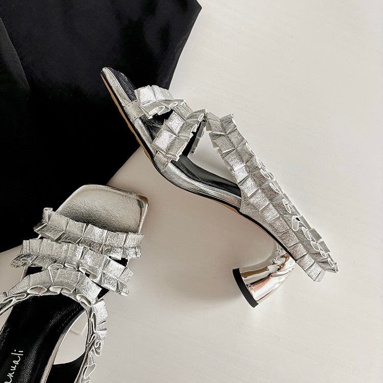 Karin Luna In Stock  Spot Goods  Unique Square-Toe Pleated Lace Sandals