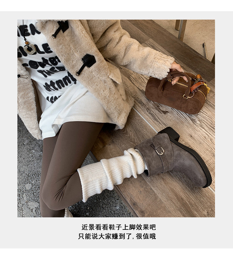 Karin Luna In Stock Spot Goods Versatile Basic Round Toe Belt Buckle Thick Sole Tube Boots