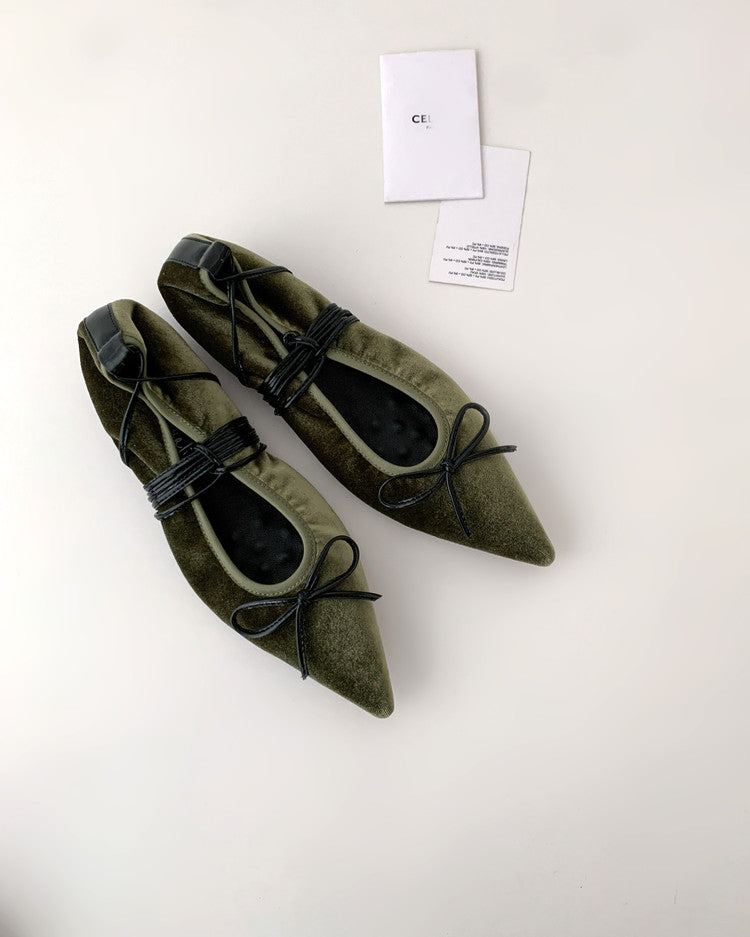Karin Luna In Stock In Stock Retro Velvet Pointed Toe Bowknot Single Shoes