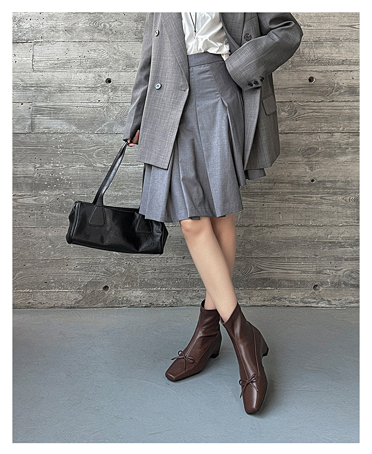 Karin Luna French Style Square Toe Bowknot Hidden Wedge Slim Boots