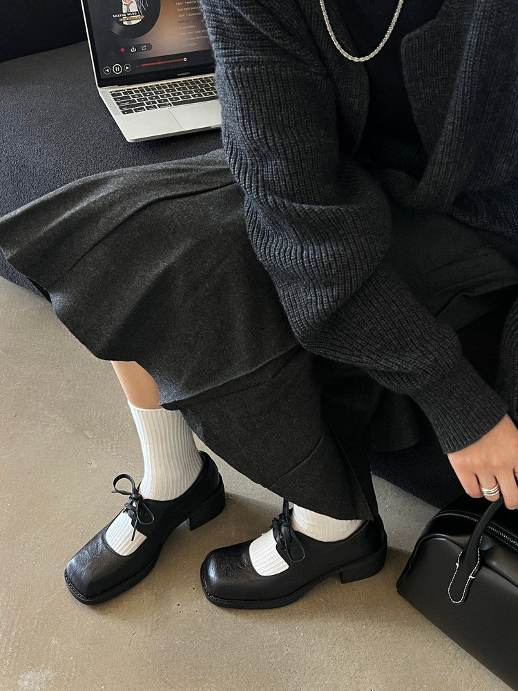 Karin Luna In Stock Spot Goods   Full leather inside and out Vegetable Tanned Hand-Grabbed Sheepskin Square-Toed Chunky Heel Single Shoes