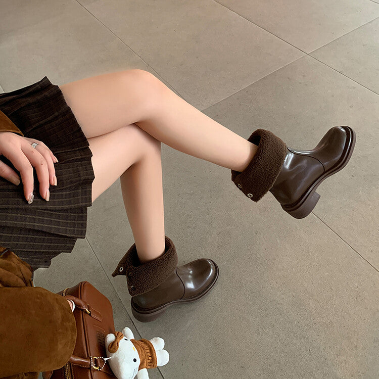 Karin Luna Classic Basic Style   Convertible Foldable Hidden Buckle Snow Fur Shoes Full cowhide Basic Flat Short Boots