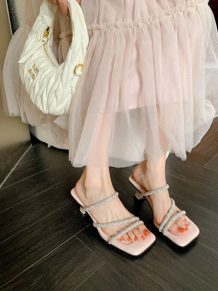 Karin Luna In Stock Spot Goods  Minimalist Versatile Square Toe Rhinestone Strap Open-Toe Sandals