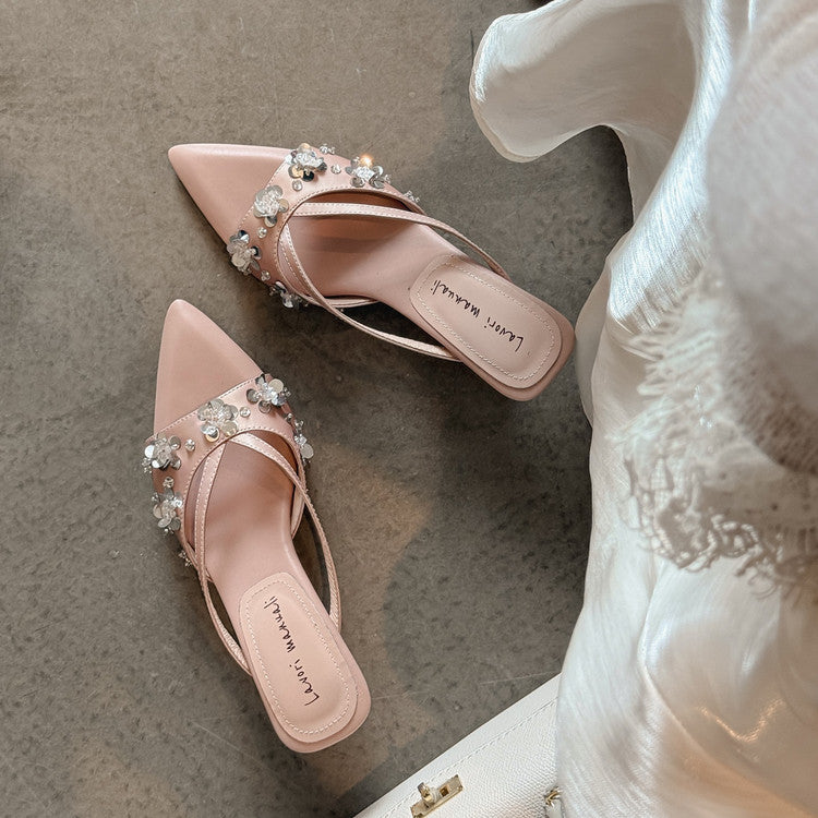 Karin Luna Bestseller Sequin Elements Elegant Pointed Toe Irregular Heel Slippers
