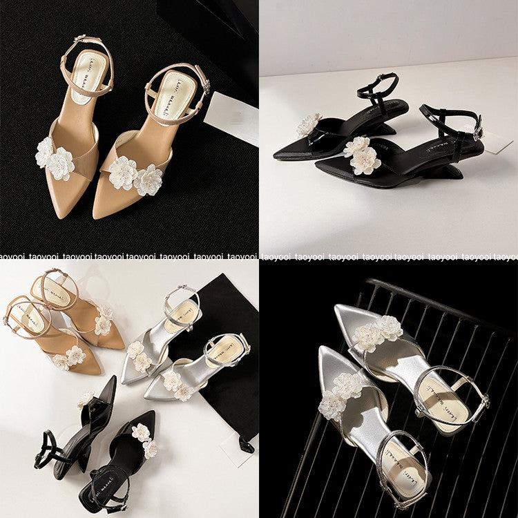 Karin Luna In Stock Spot Goods  Classic Camellia Pointed Toe Elegant Irregular Heel Sandals