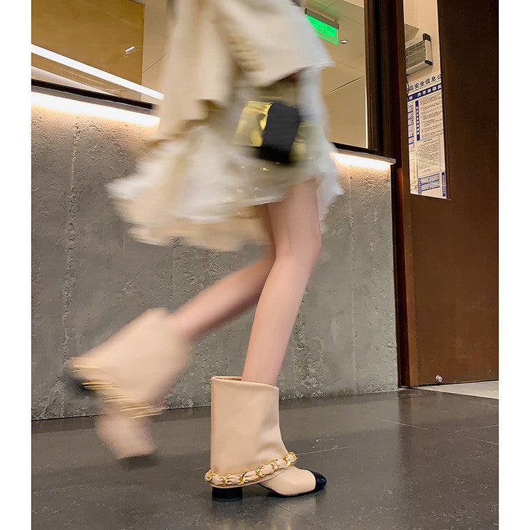 Karin Luna Classic Style Xiangjia Style Chunky Heel Chain Ankle Boots
