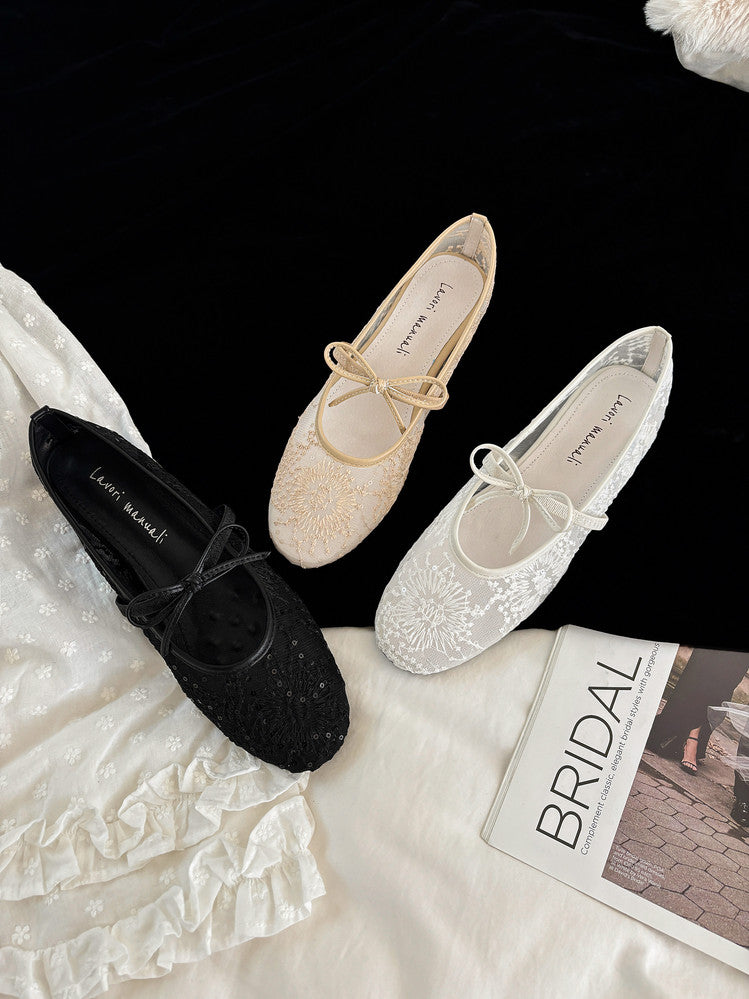 Karin Luna In Stock Spot Goods  Summer Breathable Retro Embroidered Bow Granny Shoes