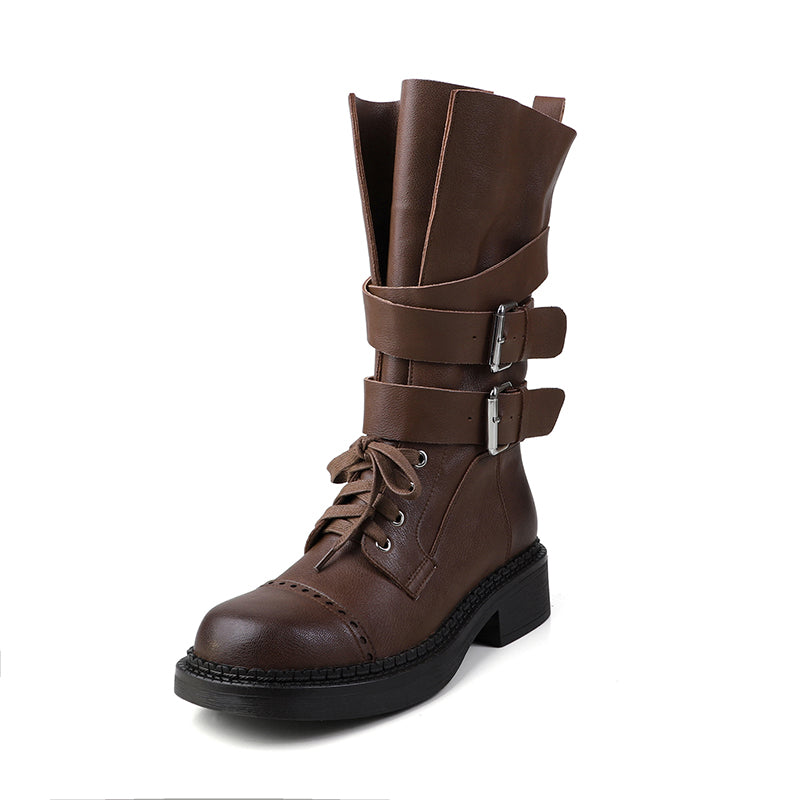 Karin Luna Bestseller Hot-Selling Large Tube Leather Belt Buckle Round Toe Thick-Soled Short Boots