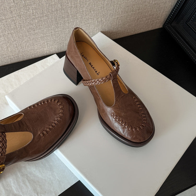 Karin Luna In Stock Spot Goods Vintage Braided Twist High Heels T Round Toe Thick Sole Single Shoes