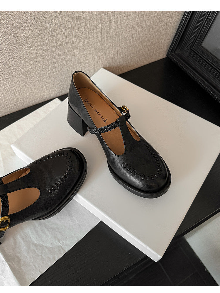 Karin Luna In Stock Spot Goods Vintage Braided Twist High Heels T Round Toe Thick Sole Single Shoes