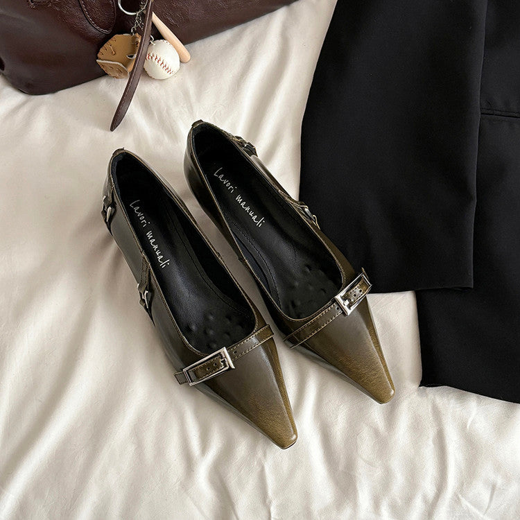 Karin Luna In Stock In Stock Retro Belt Buckle Small Square Toe Chunky Heel Single Shoes