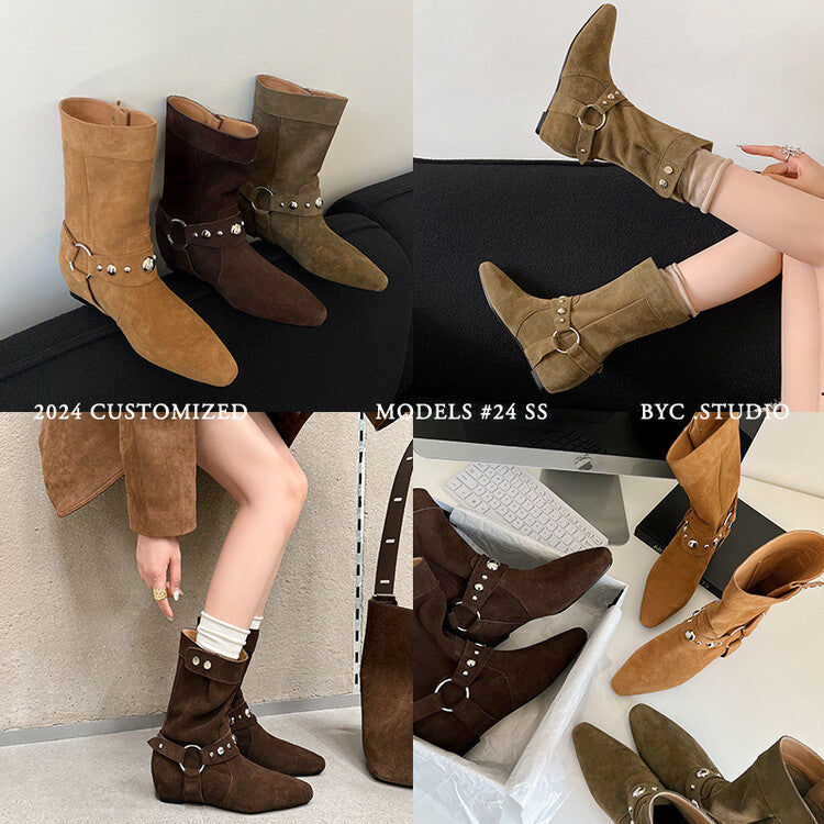 Karin Luna has prepared stock  Hot-Selling Retro Pointed Toe Wedge Metal Buckle High Tube Western Boots