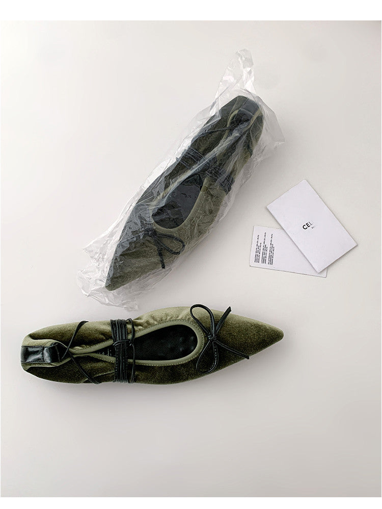 Karin Luna In Stock In Stock Retro Velvet Pointed Toe Bowknot Single Shoes