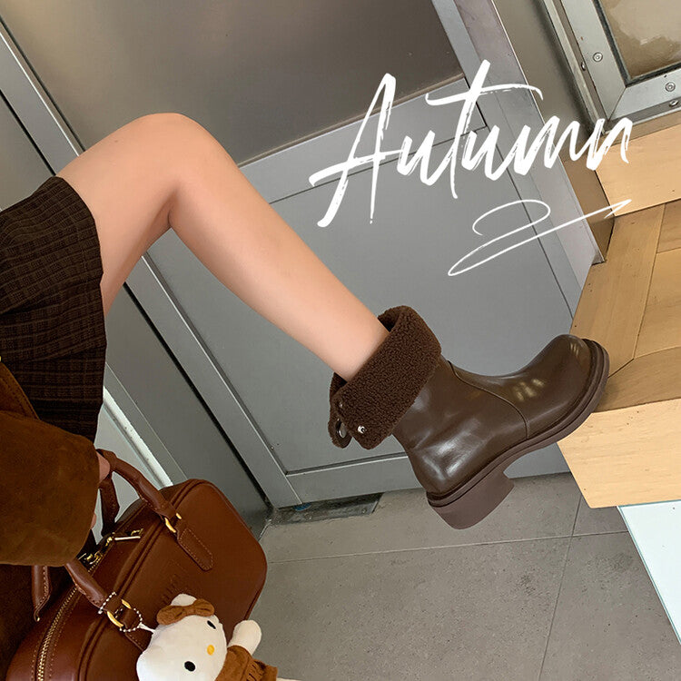 Karin Luna Classic Basic Style   Convertible Foldable Hidden Buckle Snow Fur Shoes Full cowhide Basic Flat Short Boots