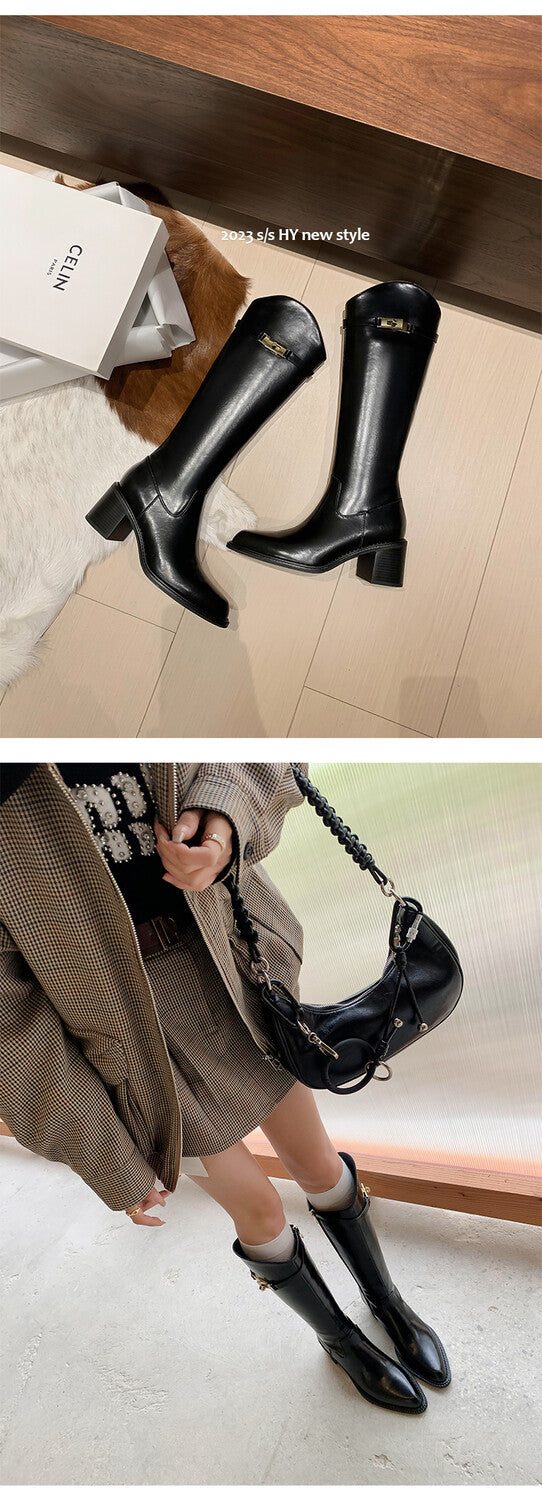 Karin Luna Hot-Selling Fasteners Sold as soon as listed Comes with data plan included Pointed Toe Chunky Heel Classic Full Cowhide Leather Riding Boots