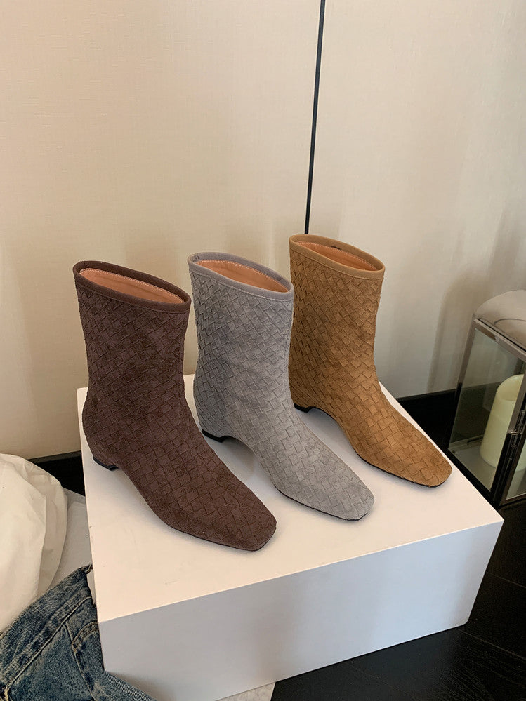 Karin Luna Handmade Woven Fabric Small Square Toe Hidden Heel Short Boots