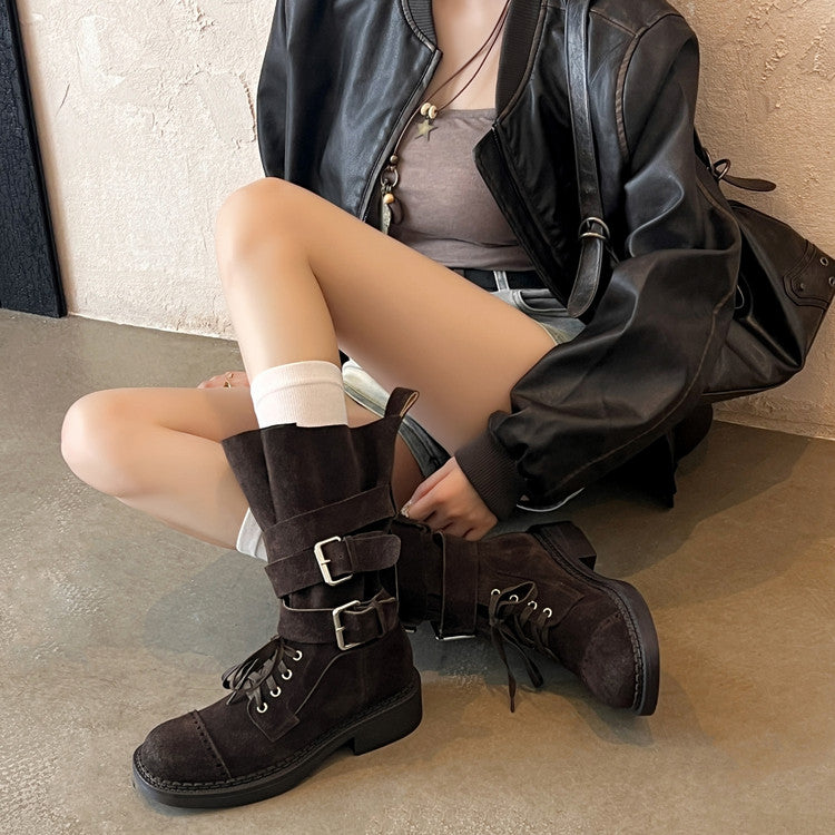 Karin Luna Bestseller Hot-Selling Large Tube Leather Belt Buckle Round Toe Thick-Soled Short Boots