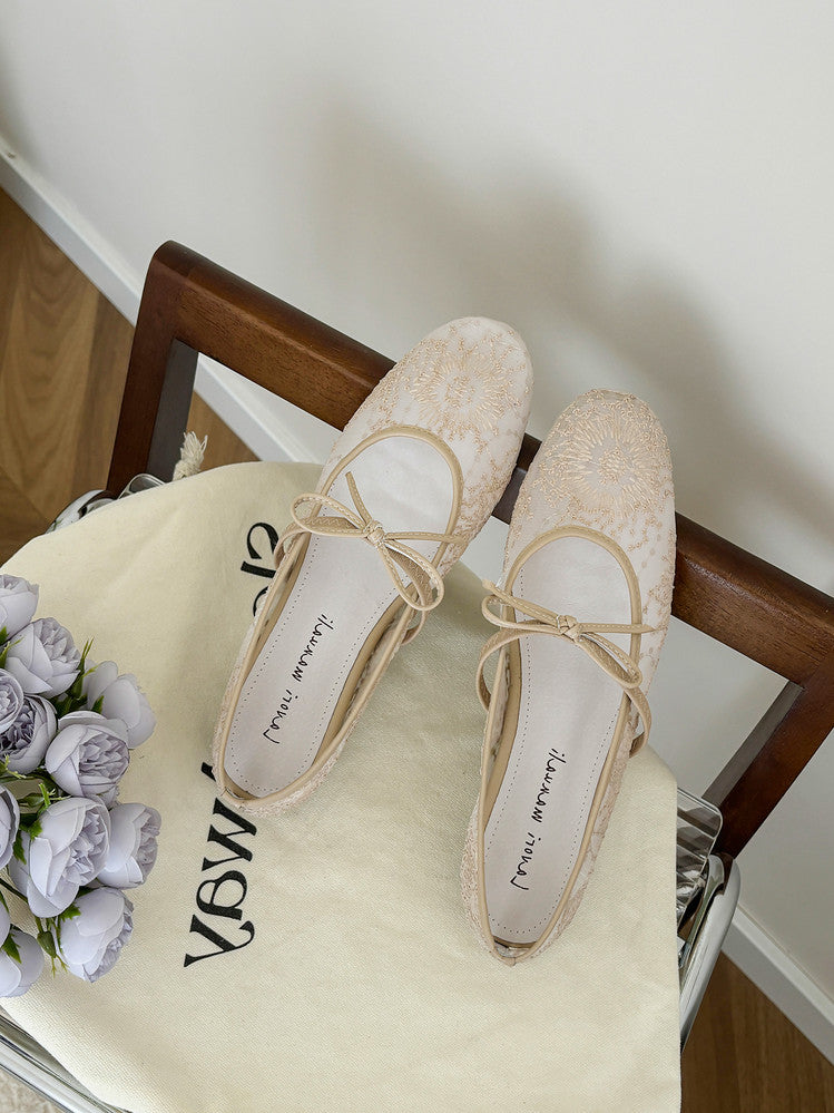 Karin Luna In Stock Spot Goods  Summer Breathable Retro Embroidered Bow Granny Shoes