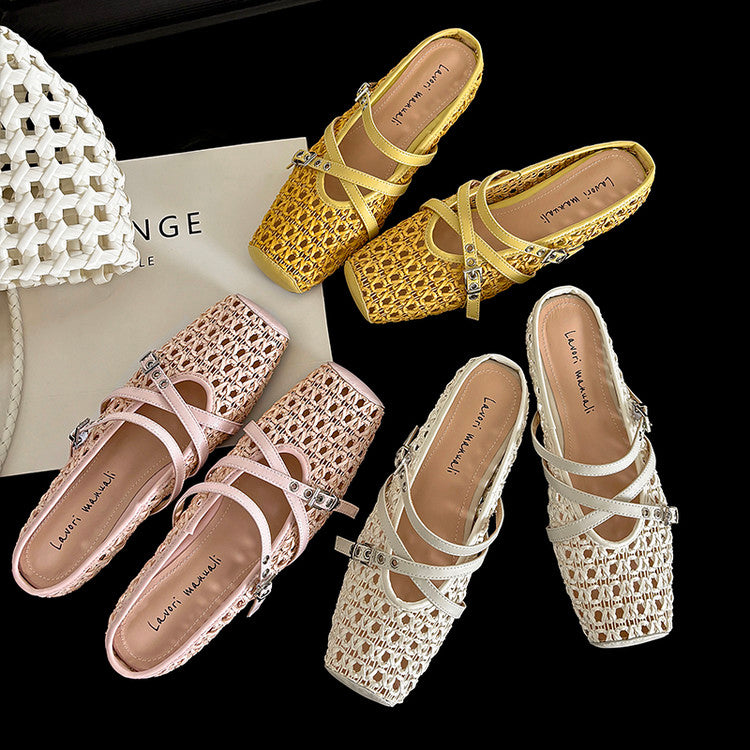 Karin Luna In Stock Spot Goods  Hot-Selling Square-Toe Woven Pig Nose Closed-Toe Slippers