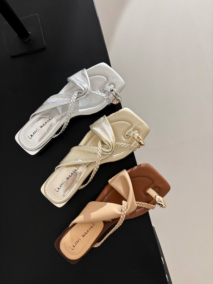 Karin Luna  Square Toe Braided Cross Thick Heel Flat Slippers