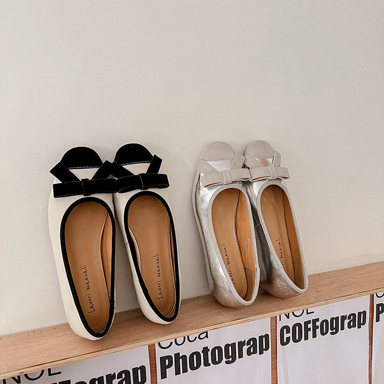 Karin Luna In Stock Spot Goods    Color Block Sweet Bowknot Hidden Wedge Shallow Mouth Flats
