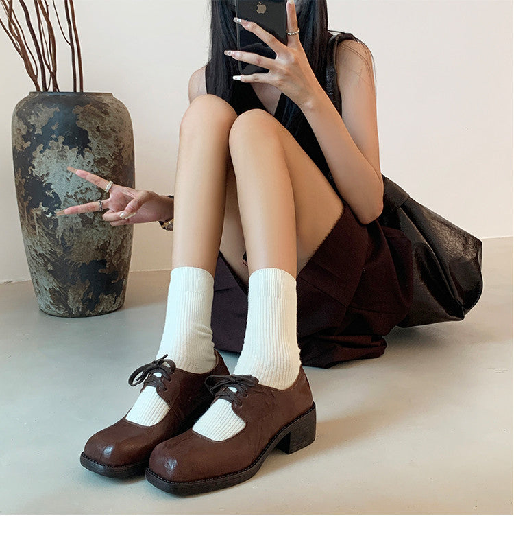 Karin Luna In Stock Spot Goods   Full leather inside and out Vegetable Tanned Hand-Grabbed Sheepskin Square-Toed Chunky Heel Single Shoes