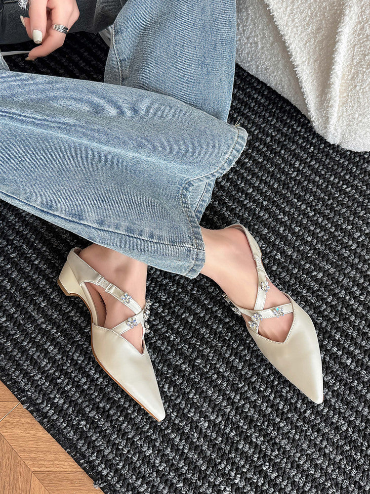 Karin Luna Elegant Pointed Toe Rhinestone Flower High Heel Mules