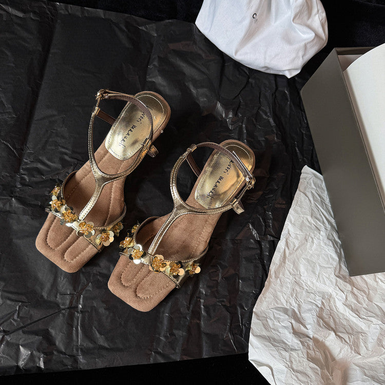 Karin Luna Hot-Selling Sequin Floral Series ~  Square Toe Irregular Heel Square Toe Sandals