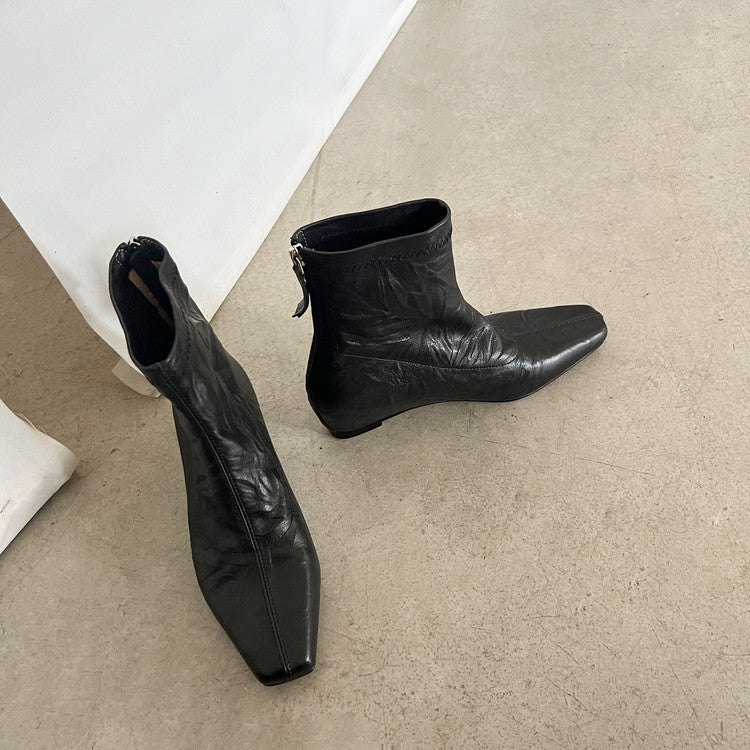 Karin Luna In Stock Spot Goods Slim Series  Hidden Wedge Small Square Toe Back Zipper Short Boots