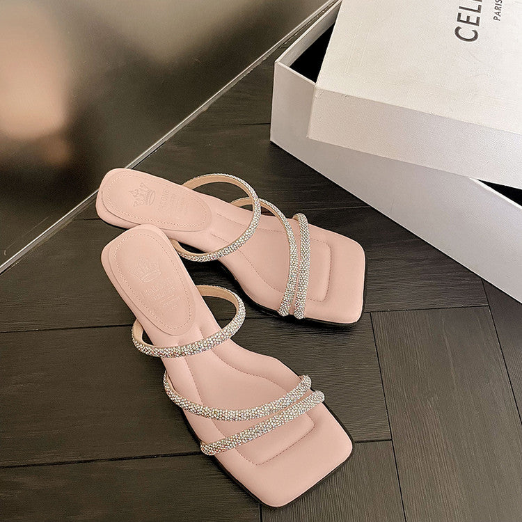 Karin Luna In Stock Spot Goods  Minimalist Versatile Square Toe Rhinestone Strap Open-Toe Sandals