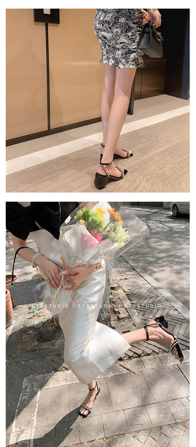 Karin Luna Classic Style   Rhinestone Strap Chunky Heel Open-Toe Sandals