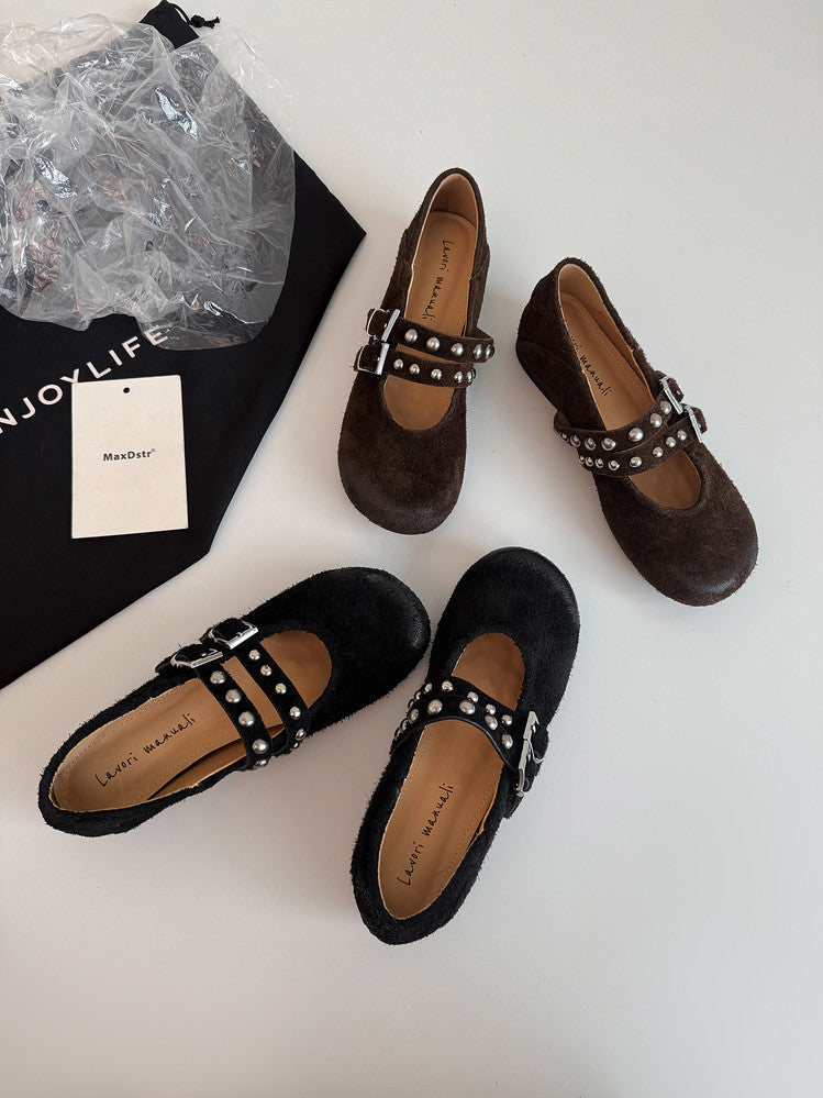 Karin Luna Hot Item Hot Item Punk Style One-Strap Round-Toe Suede Leather Height-Increasing Flats